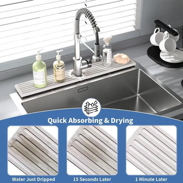 Alt view image 5 of 7 - Stone Faucet Mat for Kitchen Sink, Water Absorbing Sink Water Splash Guard, Fast-Drying Kitchen Sink Faucet Mat, Durable Protector and Stone Drying Mat for Kitchen Counter & Bathroom Sink
