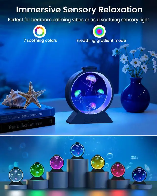 Alt view image 2 of 7 - Jellyfish Lamp for Sleep Anxiety Calming Night Light for Bedroom(Black) | Whisper-Quiet Sensory | 7 Soft Color Modes | Adjustable Water Flow | 8H Auto-Off Timer | Rounded Tank Lamp Gift for All Ages