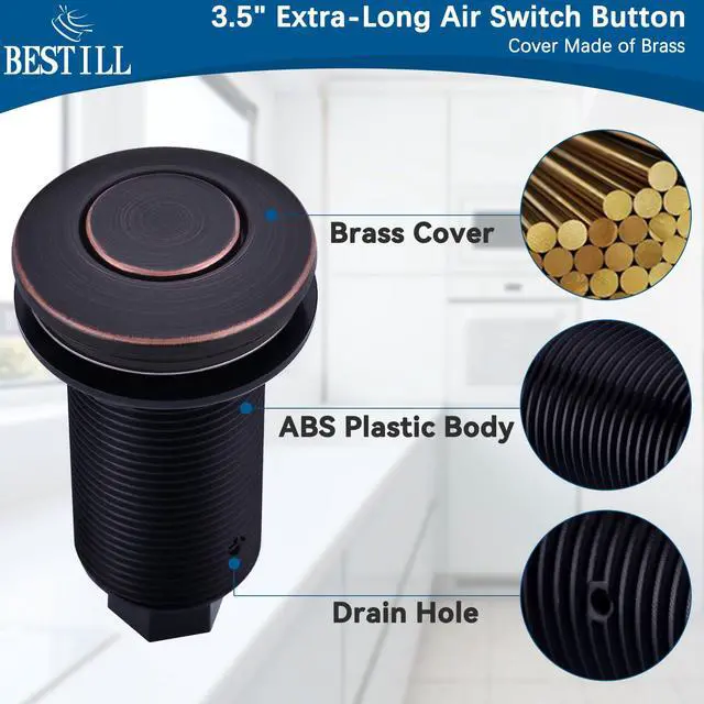 Alt view image 3 of 7 - Garbage Disposal Air Switch Kit-UL Listed, Cordless Sink Top Switch Button for Waste Disposer, 3.6" Long Push Button with Brass Cover, Oil Rubbed Bronze, Compatible with all Garbage Disposals