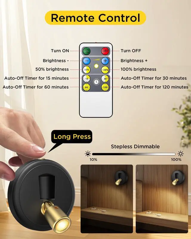 Alt view image 5 of 7 - Rechargeable Battery LED Spotlight Indoor: Wireless Mini Art Accent Spot Lights with Timer Remote - Small Dimmable Uplight for Plants Display Painting Dartboard Artwork Portrait Closet