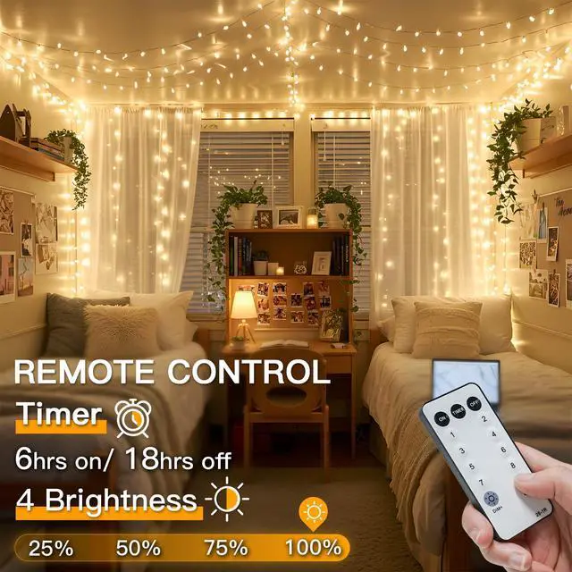 Alt view image 2 of 7 - String Lights Indoor Plug in 100 LED Christmas Lights Warm White | 33ft Outdoor Lights with Remote Timer 8 Modes Fairy Classroom Lights for Bedroom Dorm Xmas Tree Wedding Waterproof