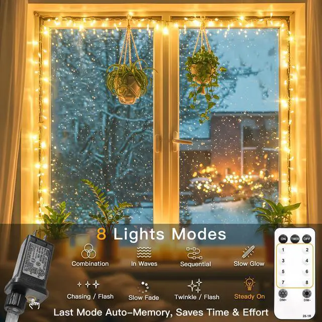 Alt view image 3 of 7 - String Lights Indoor Plug in 100 LED Christmas Lights Warm White | 33ft Outdoor Lights with Remote Timer 8 Modes Fairy Classroom Lights for Bedroom Dorm Xmas Tree Wedding Waterproof