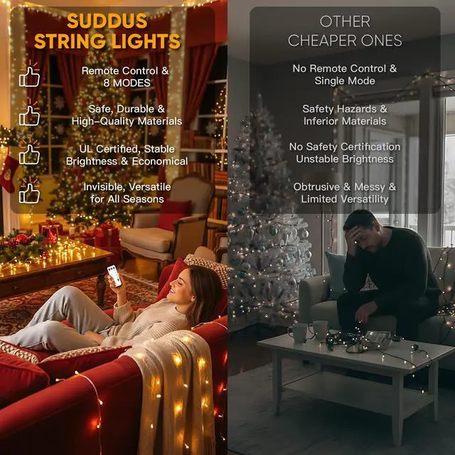 Alt view image 5 of 7 - String Lights Indoor Plug in 100 LED Christmas Lights Warm White | 33ft Outdoor Lights with Remote Timer 8 Modes Fairy Classroom Lights for Bedroom Dorm Xmas Tree Wedding Waterproof