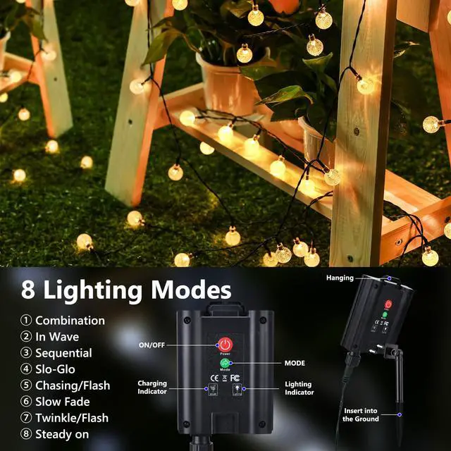 Alt view image 4 of 7 - Solar String Lights Outdoor Waterproof, 65FT 100LED Globe,Warm White | 8 Modes Waterproof Outdoor Solar Powered Patio Lights for Spring Summer Garden Lawn Gazebo Porch Backyard Tree Decorations