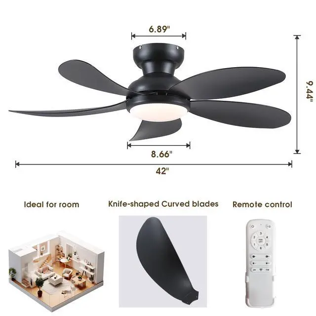Alt view image 2 of 7 - 42"Black Low Profile Flush Mount Ceiling Fans with Lights and Remote | Super Large Airflow with 6 Wind Speeds, Reversible, Dimmable 3 CCT LED, 30W Noiseless DC Motor,Timer, for Bedroom Kitchen