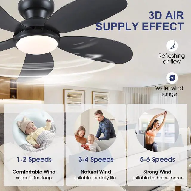 Alt view image 5 of 7 - 42"Black Low Profile Flush Mount Ceiling Fans with Lights and Remote | Super Large Airflow with 6 Wind Speeds, Reversible, Dimmable 3 CCT LED, 30W Noiseless DC Motor,Timer, for Bedroom Kitchen