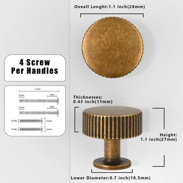 Alt view image 2 of 6 - 10 Pack Antique Brass Cabinet Knobs 1-1/10 Inch(28mm) Single Hole Cabinet Pulls Round Kitchen Cabinet Knobs Drawer Knobs