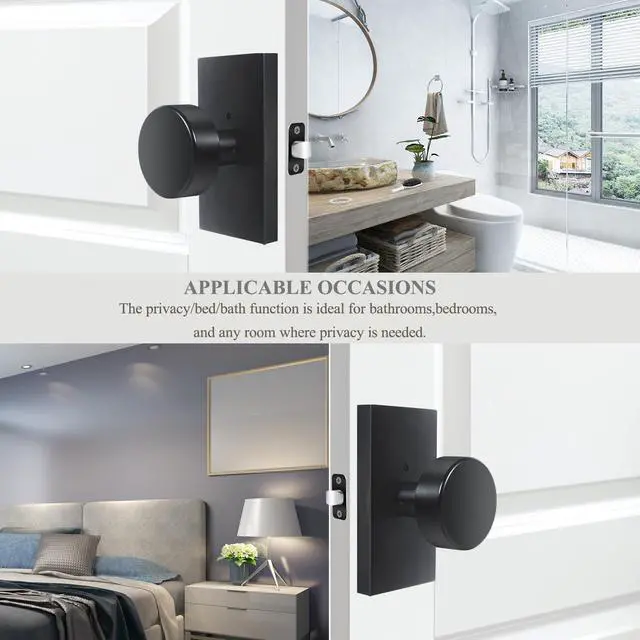 Alt view image 2 of 7 - Black Door Knobs Matte Black Privacy Door Knobs Interior with Lock | Modern Round Black Door Knobs Door Handles for Bedroom Bathroom, Rectangle Rosette