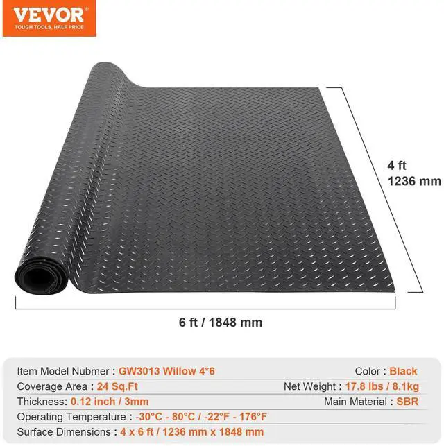 Alt view image 7 of 7 - Diamond-Plate Rubber Flooring Roll, 3 mm x 4 ft x 6 ft Garage Floor Mat, SBR Rubber Garage Flooring Roll, Easy to Clean, Diamond Plate Rubber Mat for Under Cars, Garage Industry Gym, Black