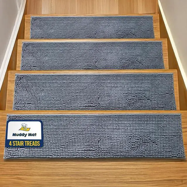 Main image of ® Pack of 4 - Soft Chenille Stair Treads Non-Slip Reusable, Super Absorbent Stair Treads for Wooden Steps, Tile & Marble Floor, Easy to Install & Machine Washable - Grey 30'' x 7''