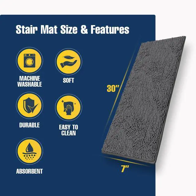 Alt view image 2 of 7 - ® Pack of 4 - Soft Chenille Stair Treads Non-Slip Reusable, Super Absorbent Stair Treads for Wooden Steps, Tile & Marble Floor, Easy to Install & Machine Washable - Grey 30'' x 7''