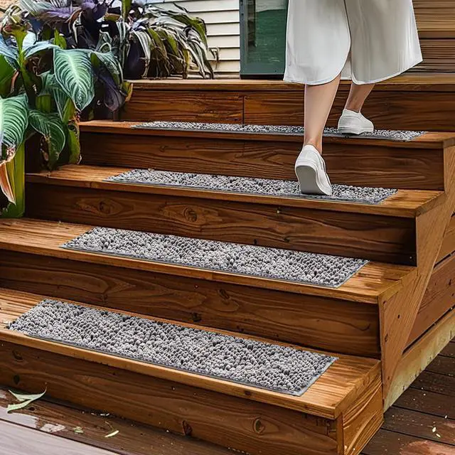 Alt view image 6 of 7 - ® Pack of 4 - Soft Chenille Stair Treads Non-Slip Reusable, Super Absorbent Stair Treads for Wooden Steps, Tile & Marble Floor, Easy to Install & Machine Washable - Grey 30'' x 7''