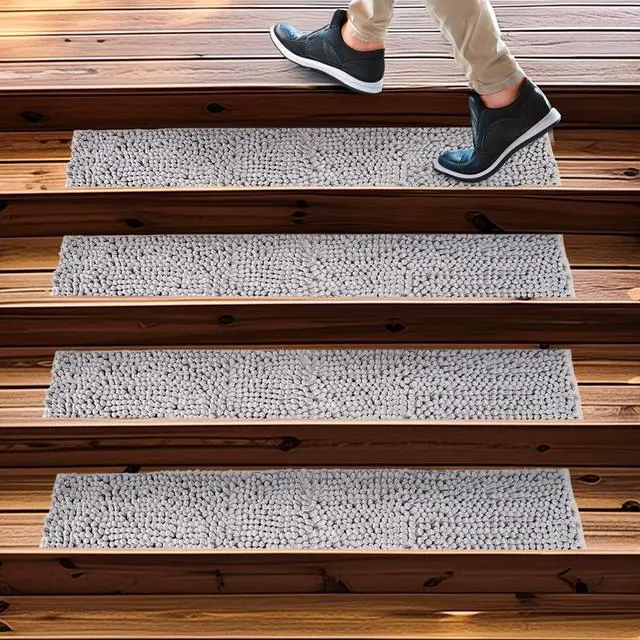 Alt view image 7 of 7 - ® Pack of 4 - Soft Chenille Stair Treads Non-Slip Reusable, Super Absorbent Stair Treads for Wooden Steps, Tile & Marble Floor, Easy to Install & Machine Washable - Grey 30'' x 7''