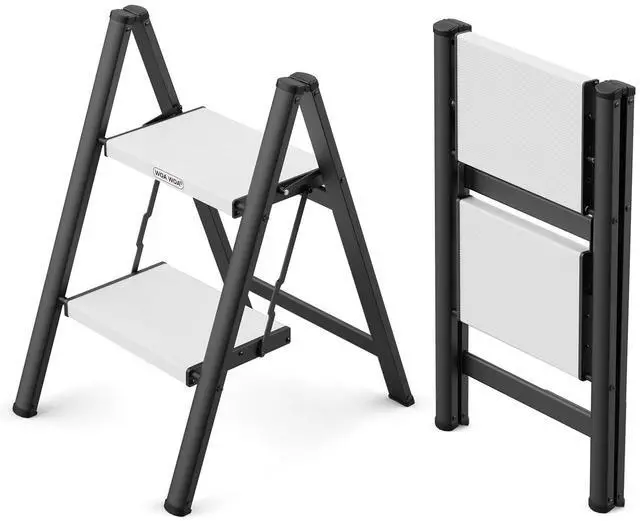 Main image of 2 Step Ladder, Foldable Step Stool, 300lbs Load, Black & White | Folded 27''H x 3''T; Net 6.9 lbs; Rigid Aluminum Steps; No Assembly; For Home, Kitchen, Office, Pantry, Closets, Cabinets