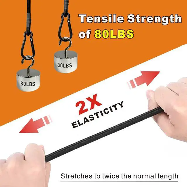 Alt view image 2 of 6 - Bungee Cords with Carabiner Hooks Heavy Duty, Outdoor Black Bungee Straps, Strong Industrial Grade Elastic Bungee Rope for Securing Tarps, Luggage, TentsBikes, 12in + 24in + 48in8pcs