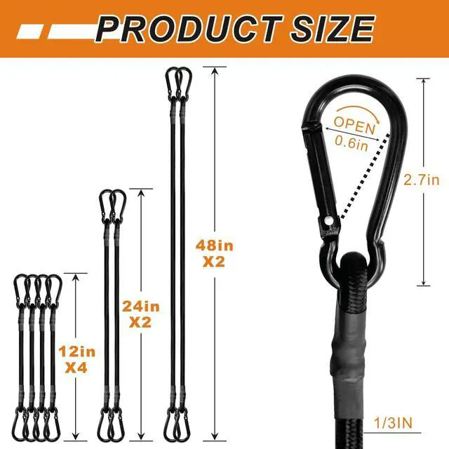 Alt view image 5 of 6 - Bungee Cords with Carabiner Hooks Heavy Duty, Outdoor Black Bungee Straps, Strong Industrial Grade Elastic Bungee Rope for Securing Tarps, Luggage, TentsBikes, 12in + 24in + 48in8pcs