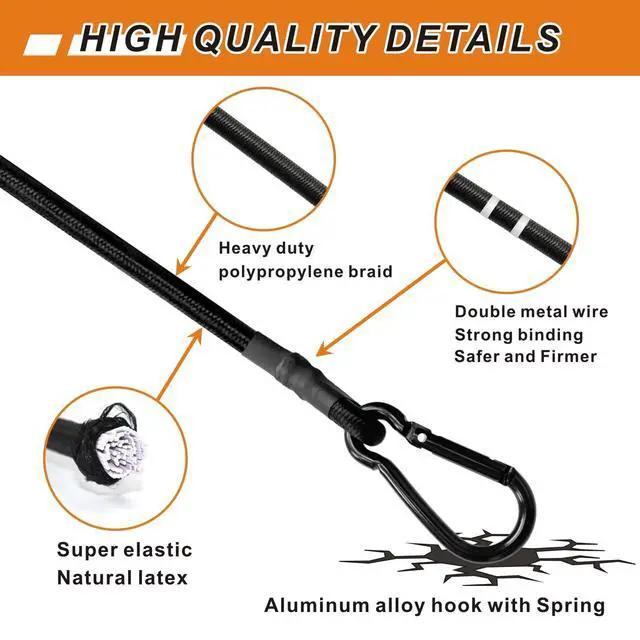 Alt view image 4 of 6 - Bungee Cords with Carabiner Hooks Heavy Duty, Outdoor Black Bungee Straps, Strong Industrial Grade Elastic Bungee Rope for Securing Tarps, Luggage, TentsBikes, 12in + 24in + 48in8pcs