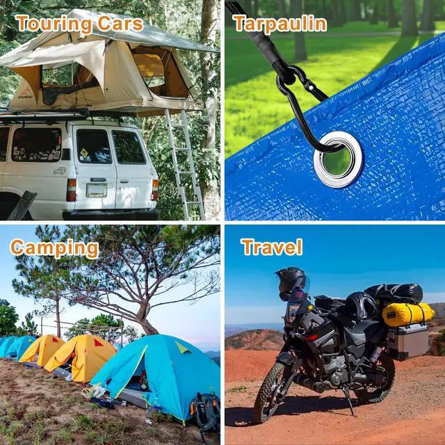 Alt view image 6 of 6 - Bungee Cords with Carabiner Hooks Heavy Duty, Outdoor Black Bungee Straps, Strong Industrial Grade Elastic Bungee Rope for Securing Tarps, Luggage, TentsBikes, 12in + 24in + 48in8pcs
