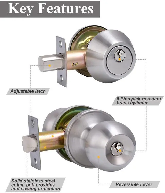 Alt view image 3 of 6 - 2 Sets All Keyed Same Entry Door Knob and Single Cylinder Deadbolt Combo Set, Round Ball Satin Nickel Exterior Door Knobs with Lock and Keys for Entrance and Front Door