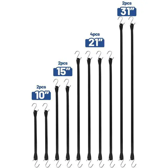 Alt view image 2 of 7 - Bungee Cords with Hooks (10 Pack) 10", 15", 21", 31" Heavy Duty EPDM Rubber Tarp Straps, Max Stretch 2X, Load 180+ LBS, Crimped S Hooks for Cargo, Trucks, Camping, Outdoor Use
