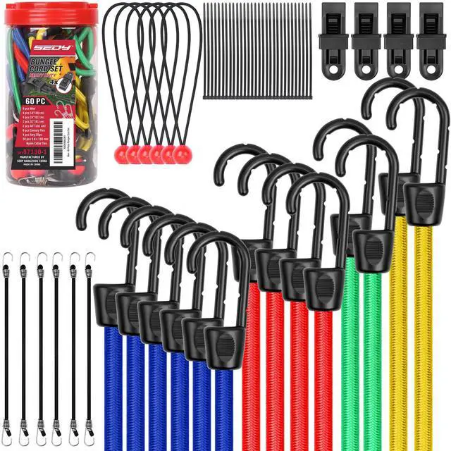 Main image of 60-Piece Bungee Cords Assorted Sizes - 10" 18" 24" 32" 40" Bungee Cords with Hooks, Heavy Duty Outdoor, Large Medium Small Mini Elastic Canopy Tarp Bungee Ball Ties Tarp Clips Organizer