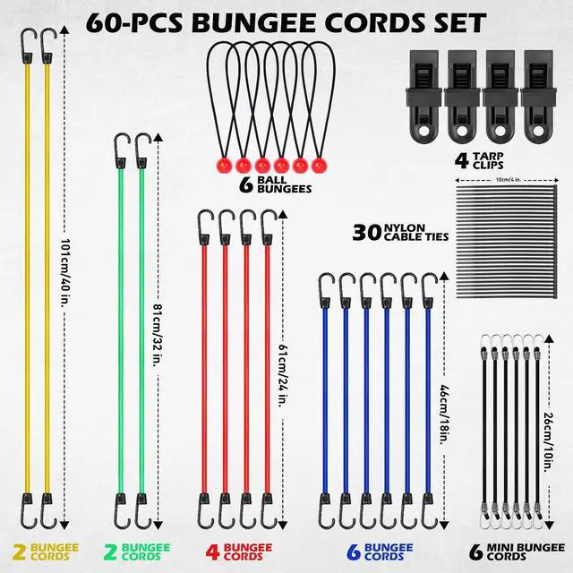 Alt view image 2 of 7 - 60-Piece Bungee Cords Assorted Sizes - 10" 18" 24" 32" 40" Bungee Cords with Hooks, Heavy Duty Outdoor, Large Medium Small Mini Elastic Canopy Tarp Bungee Ball Ties Tarp Clips Organizer