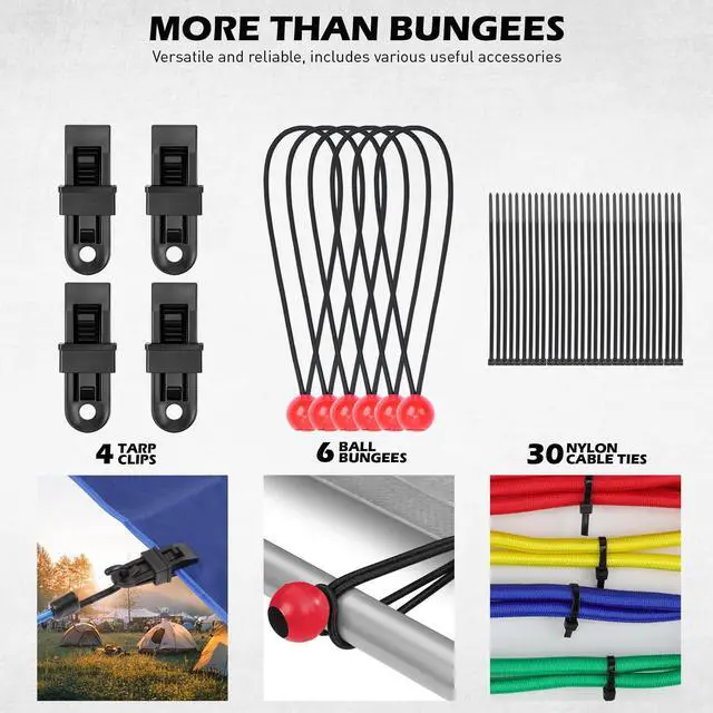 Alt view image 4 of 7 - 60-Piece Bungee Cords Assorted Sizes - 10" 18" 24" 32" 40" Bungee Cords with Hooks, Heavy Duty Outdoor, Large Medium Small Mini Elastic Canopy Tarp Bungee Ball Ties Tarp Clips Organizer