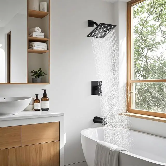 Alt view image 2 of 7 - 8" Square Rainfall Shower Faucet Set with Tub Spout, Matte Black | Wall Mounted, Single Handle, Rough-in Valve, 1/2" NPT, Air Pressure Boost