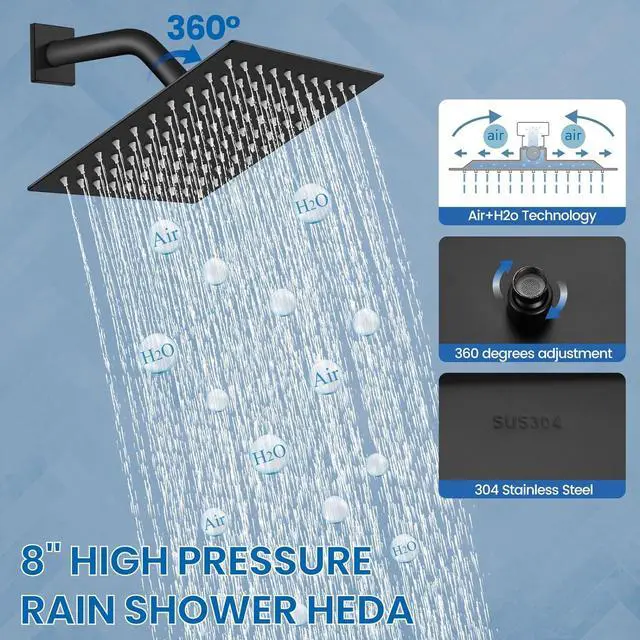 Alt view image 3 of 7 - 8" Square Rainfall Shower Faucet Set with Tub Spout, Matte Black | Wall Mounted, Single Handle, Rough-in Valve, 1/2" NPT, Air Pressure Boost