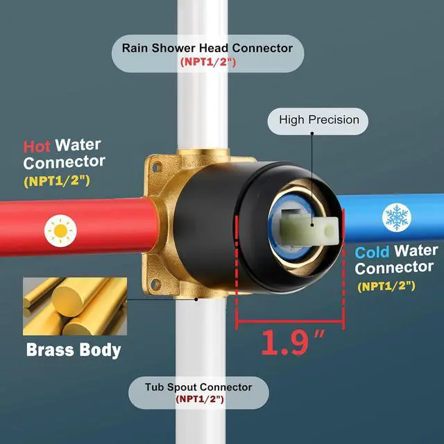 Alt view image 6 of 7 - 8" Square Rainfall Shower Faucet Set with Tub Spout, Matte Black | Wall Mounted, Single Handle, Rough-in Valve, 1/2" NPT, Air Pressure Boost