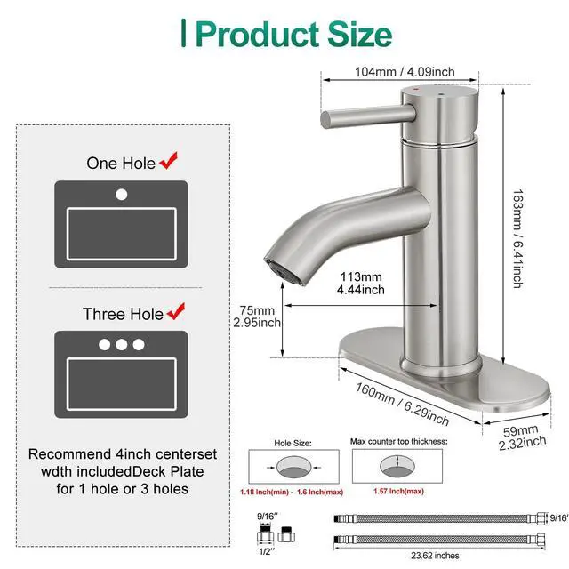 Alt view image 5 of 6 - Brushed Nickel Bathroom Faucet Single Handle Bathroom Vanity Sink Faucet with Pop-up Drain, Rv Lavatory Vessel Faucet Basin Mixer Tap with Deck Plate