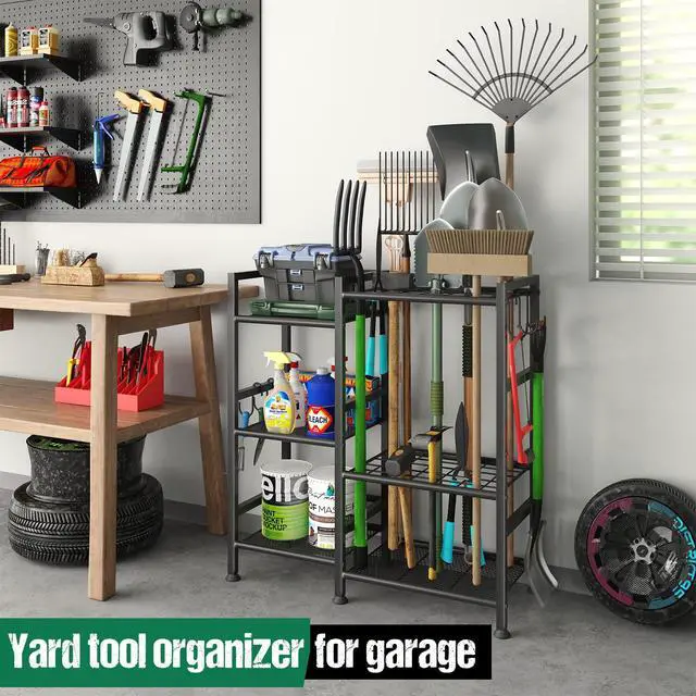 Alt view image 3 of 7 - Garden Tool Organizer with Large Hooks, Garage Storage Rack | 3 Tier Yard Tool Holder with 35 Long-Handled Tool Slots, Heavy Duty Garden Tool Rack for Shed, Yard, Garage