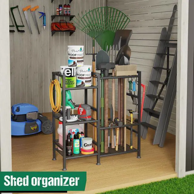 Alt view image 4 of 7 - Garden Tool Organizer with Large Hooks, Garage Storage Rack | 3 Tier Yard Tool Holder with 35 Long-Handled Tool Slots, Heavy Duty Garden Tool Rack for Shed, Yard, Garage