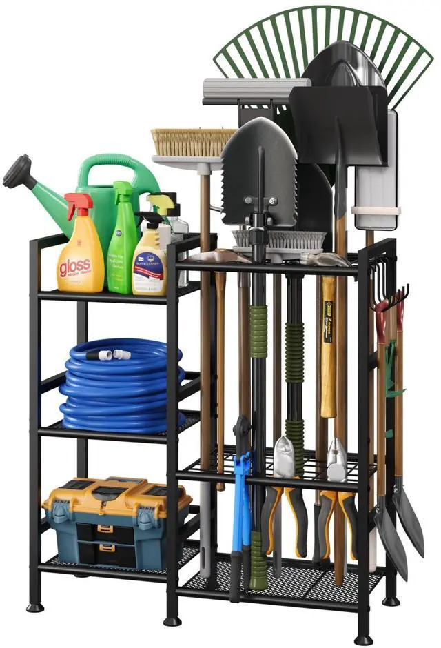Main image of Garden Tool Organizer with Large Hooks, Garage Storage Rack | 3 Tier Yard Tool Holder with 35 Long-Handled Tool Slots, Heavy Duty Garden Tool Rack for Shed, Yard, Garage