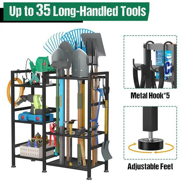 Alt view image 6 of 7 - Garden Tool Organizer with Large Hooks, Garage Storage Rack | 3 Tier Yard Tool Holder with 35 Long-Handled Tool Slots, Heavy Duty Garden Tool Rack for Shed, Yard, Garage