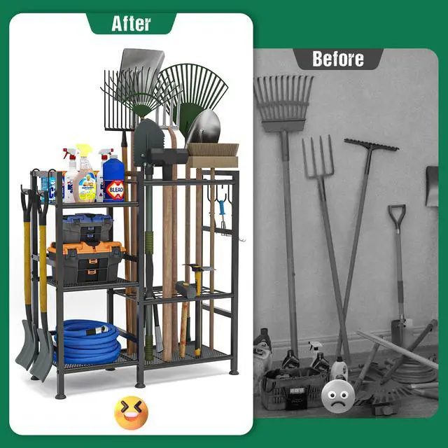 Alt view image 7 of 7 - Garden Tool Organizer with Large Hooks, Garage Storage Rack | 3 Tier Yard Tool Holder with 35 Long-Handled Tool Slots, Heavy Duty Garden Tool Rack for Shed, Yard, Garage