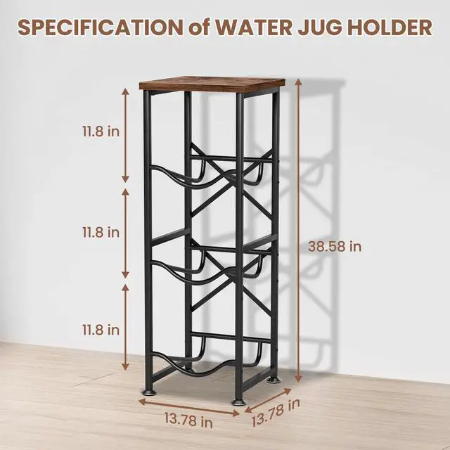 Alt view image 3 of 7 - 5 Gallon Water Jug Holder, 3-Tier Water Bottle Holder with Wood Top Shelf, Heavy Duty Water Cooler Jug Rack, Water Dispenser Storage Stand for Office and Living Room