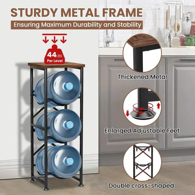 Alt view image 4 of 7 - 5 Gallon Water Jug Holder, 3-Tier Water Bottle Holder with Wood Top Shelf, Heavy Duty Water Cooler Jug Rack, Water Dispenser Storage Stand for Office and Living Room