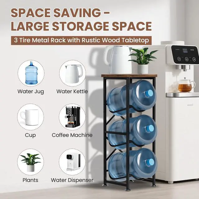Alt view image 5 of 7 - 5 Gallon Water Jug Holder, 3-Tier Water Bottle Holder with Wood Top Shelf, Heavy Duty Water Cooler Jug Rack, Water Dispenser Storage Stand for Office and Living Room
