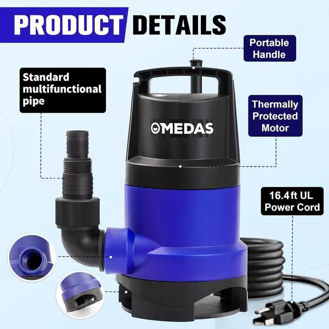 Alt view image 2 of 7 - 1HP 3434 GPH Sump Pump Submersible Clean/Dirty Water Pump Portable Utility Pump with 16.4ft Cord for Swimming Pool Garden Basement Tub Pond Draining