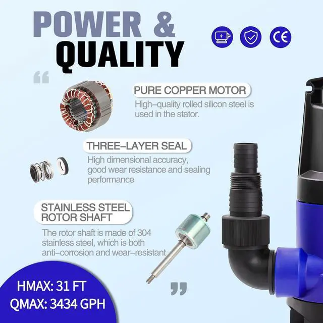 Alt view image 5 of 7 - 1HP 3434 GPH Sump Pump Submersible Clean/Dirty Water Pump Portable Utility Pump with 16.4ft Cord for Swimming Pool Garden Basement Tub Pond Draining