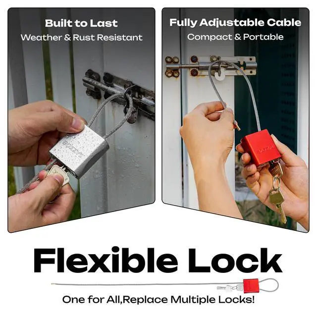 Alt view image 3 of 7 - Cable Padlock with 3 Keys | L 1.15ft(0.35m),D 1/6in(4mm) Adjustable Steel Cable Lock | Aluminum Locks for Bikes, Gate, Lockers & Outdoor Gear | Weatherproof & Silver