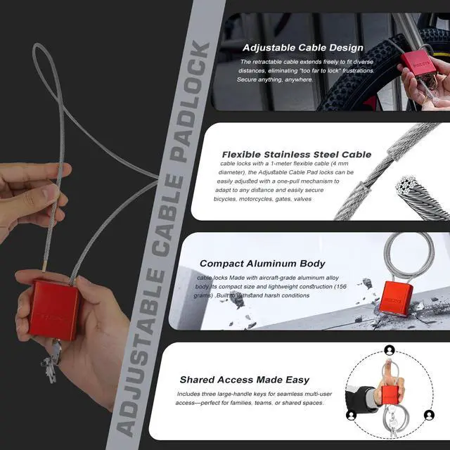 Alt view image 7 of 7 - Cable Padlock with 3 Keys | L 1.15ft(0.35m),D 1/6in(4mm) Adjustable Steel Cable Lock | Aluminum Locks for Bikes, Gate, Lockers & Outdoor Gear | Weatherproof & Silver