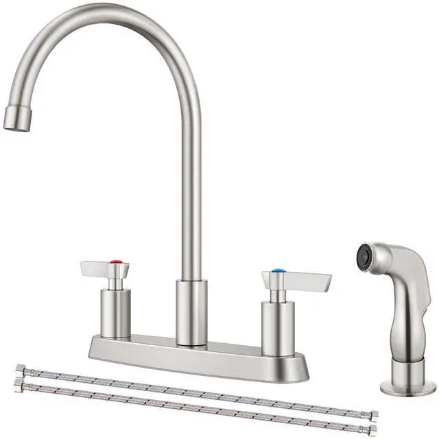 Main image of Kitchen Faucet with Side Sprayer, 8 Inch Centerset 4-Hole Nickel | Lead-Free 4-Hole High Arc Kitchen Sink Faucet, 1.8 GPM, 360° Spout