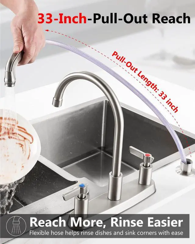 Alt view image 2 of 7 - Kitchen Faucet with Side Sprayer, 8 Inch Centerset 4-Hole Nickel | Lead-Free 4-Hole High Arc Kitchen Sink Faucet, 1.8 GPM, 360° Spout