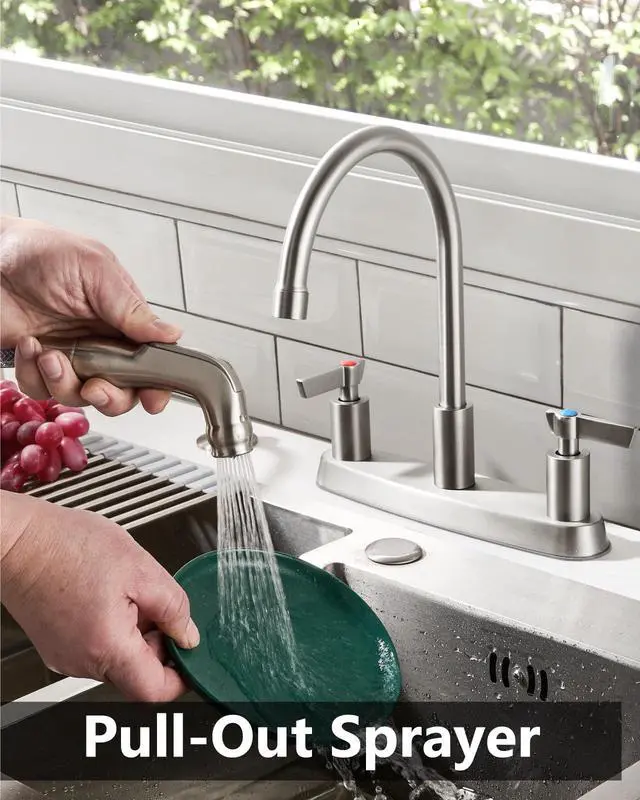 Alt view image 3 of 7 - Kitchen Faucet with Side Sprayer, 8 Inch Centerset 4-Hole Nickel | Lead-Free 4-Hole High Arc Kitchen Sink Faucet, 1.8 GPM, 360° Spout