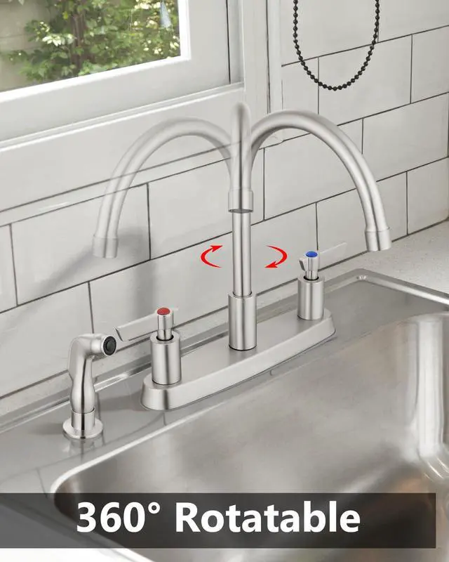 Alt view image 5 of 7 - Kitchen Faucet with Side Sprayer, 8 Inch Centerset 4-Hole Nickel | Lead-Free 4-Hole High Arc Kitchen Sink Faucet, 1.8 GPM, 360° Spout