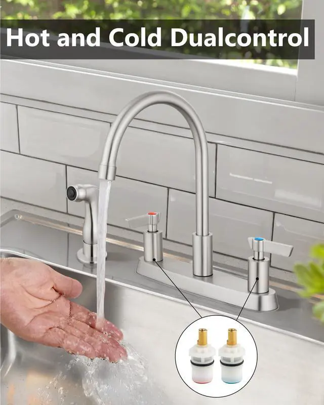 Alt view image 6 of 7 - Kitchen Faucet with Side Sprayer, 8 Inch Centerset 4-Hole Nickel | Lead-Free 4-Hole High Arc Kitchen Sink Faucet, 1.8 GPM, 360° Spout