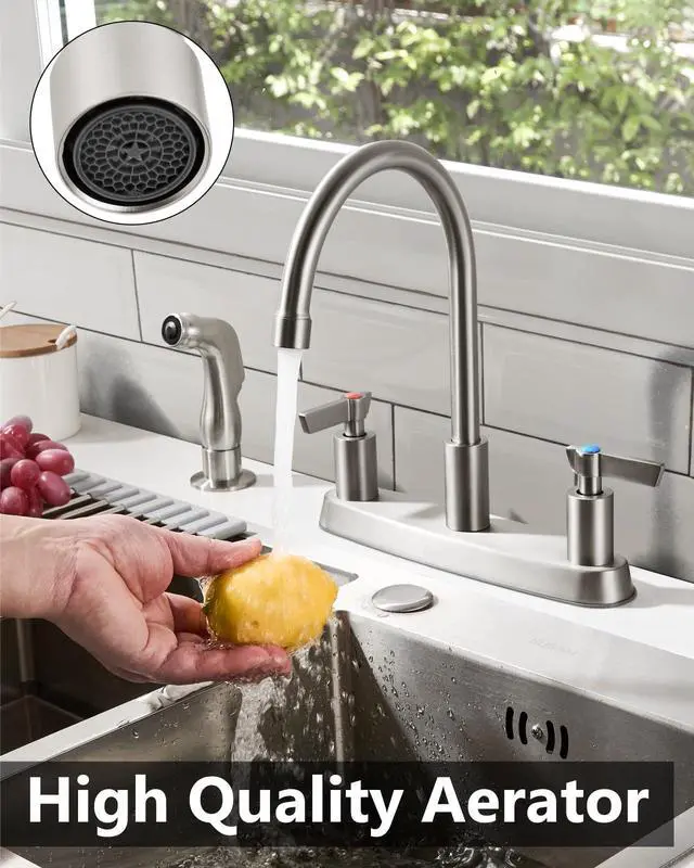 Alt view image 4 of 7 - Kitchen Faucet with Side Sprayer, 8 Inch Centerset 4-Hole Nickel | Lead-Free 4-Hole High Arc Kitchen Sink Faucet, 1.8 GPM, 360° Spout