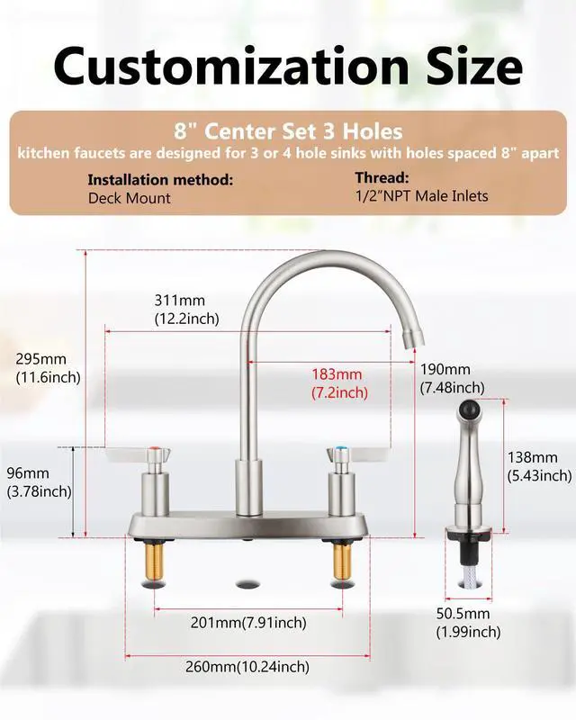 Alt view image 7 of 7 - Kitchen Faucet with Side Sprayer, 8 Inch Centerset 4-Hole Nickel | Lead-Free 4-Hole High Arc Kitchen Sink Faucet, 1.8 GPM, 360° Spout